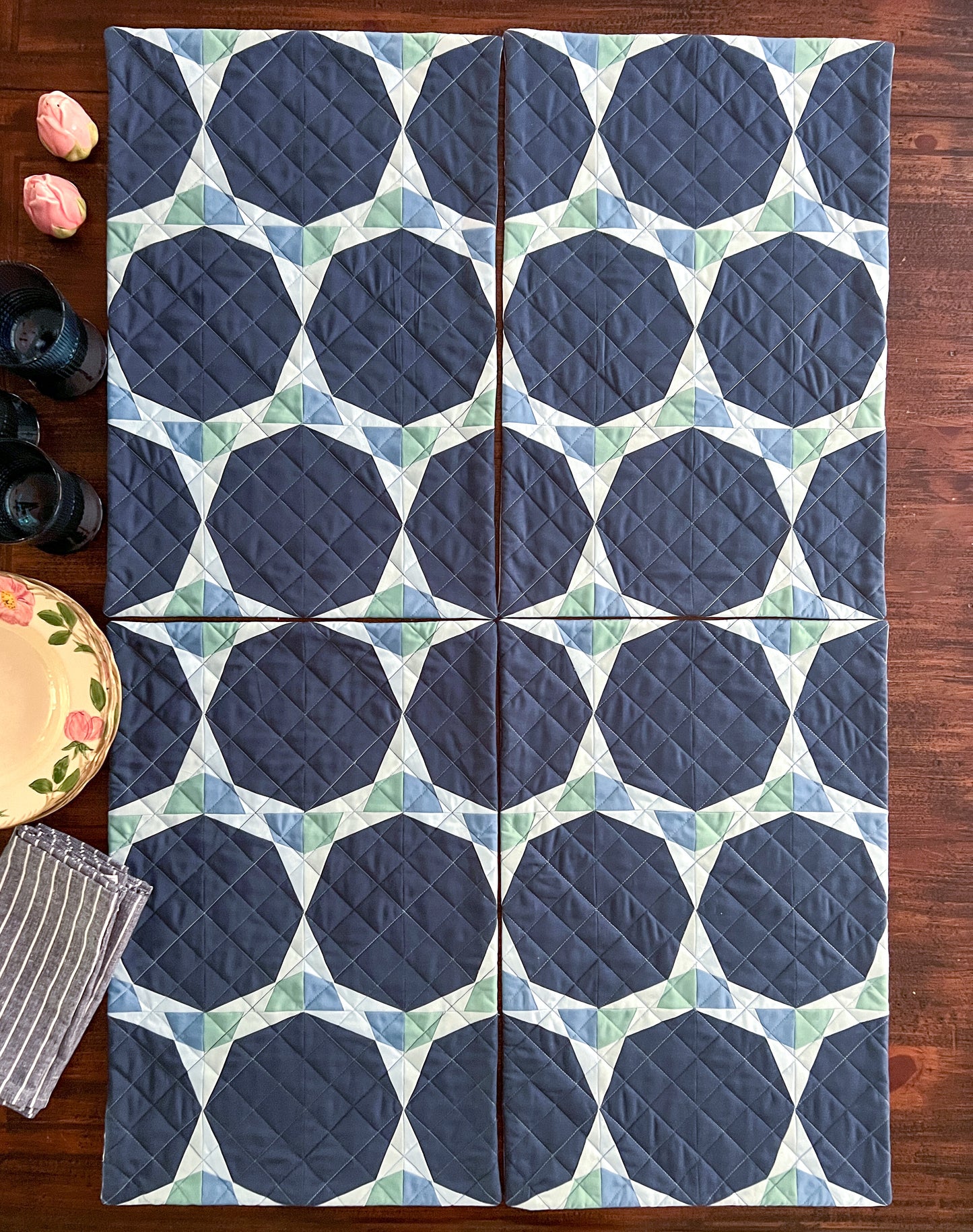 Night Bloom Quilt Pattern - Julia Wachs Designs - Dark blue Night Bloom placemats.