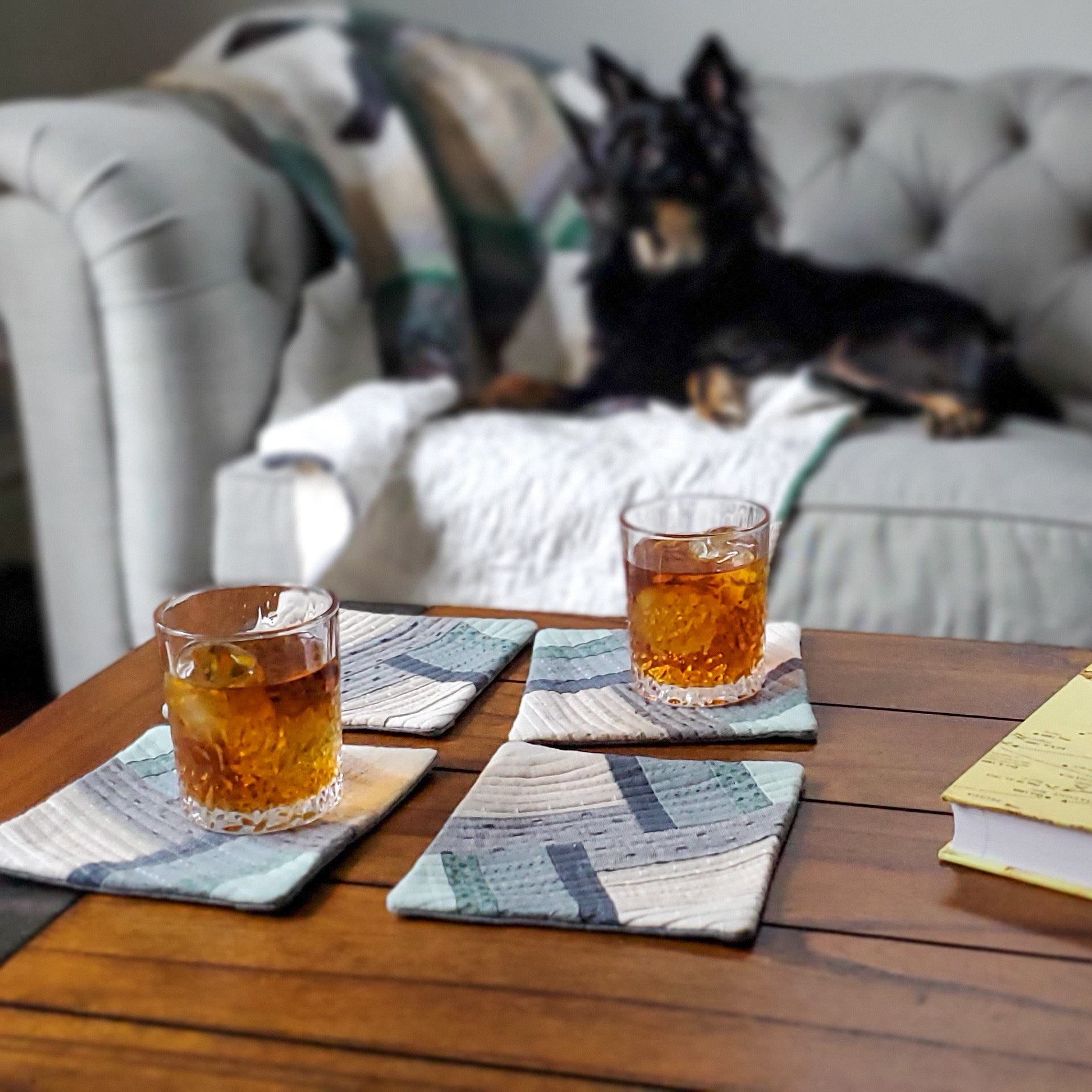 Mini Bracket Quilt Pattern - Julia Wachs Designs - The mini Bracken trivets on a coffee table with a dog in the background.